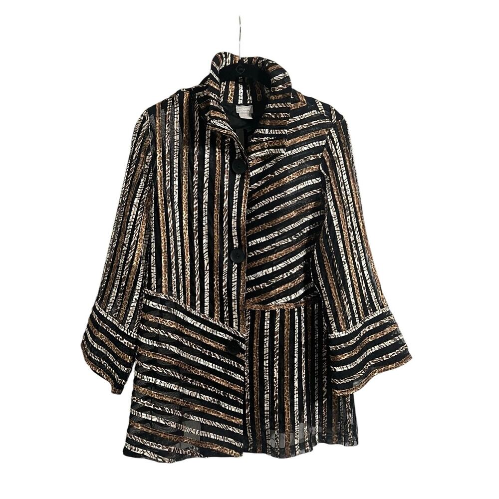 Lagenlook Resort Chico's Animal Print Sheer Mesh Button Up Shacket Sz 2(12/14)